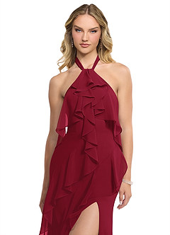 Azazie Velma Bridesmaid Dresses Burgundy A-Line Side Slit Chiffon Dress image4