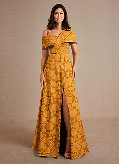 Azazie Milton Mother of the Bride Dresses Butterscotch A-Line Pleated Floral Burnout Dress image6