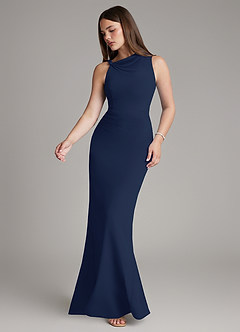 Azazie Charice Bridesmaid Dresses Dark Navy Sheath Pleated Chiffon Dress image3