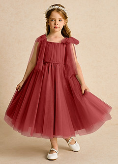 Azazie Dori Robe Demoiselle D'honneur Fillette Robe Trapèze en Tulle Rayé Rouille image2