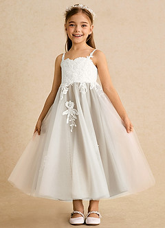 Azazie Coraline vestidos de niña de las flores Vestido de Marfil Champán de Encaje de Corte En A image4