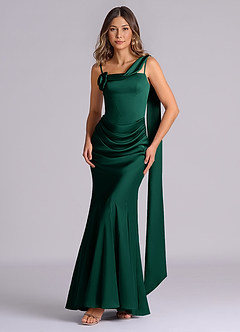 Azazie Inara Bridesmaid Dresses Emerald Mermaid Pleated Stretch Satin Dress image1