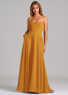 Azazie Elle Robes de demoiselle d'honneur Robe Trapèze en Mousseline de soie Plissée Caramel écossais image1