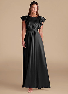 Azazie Daphne Modest Bridesmaid Dresses A-Line Ruched Metallic Satin Floor-Length Dress image3