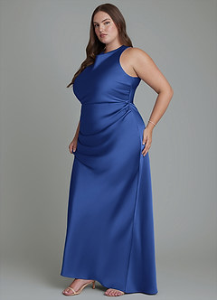 Azazie Evadne Bridesmaid Dresses Royal Blue Sheath Pleated Stretch Satin Dress image13