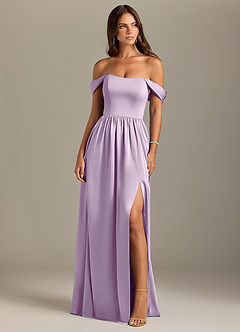 Azazie Calianna Bridesmaid Dresses Frosted Lilac A-Line Off the Shoulder Stretch Satin Convertible Dress image1