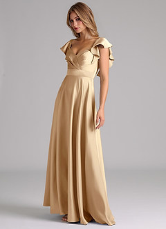 Azazie Leilani Bridesmaid Dresses Champagne A-Line Ruched Stretch Satin Dress image8