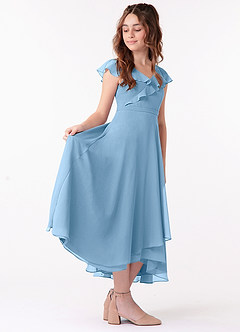 Azazie Posie Junior Steel Blue A-Line Ruched Chiffon Dress image3