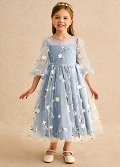 Azazie Elowen Flower Girl Dresses Dusty Blue A-Line Sweetheart Neckline Lace Dress image3