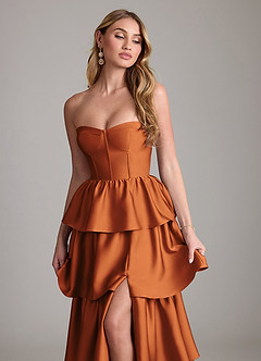 Azazie Faye Bridesmaid Dresses Cinnamon A-Line Ruched Stretch Satin Dress image5