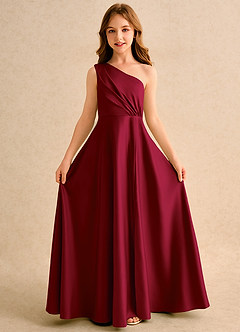 Azazie Puddles Girls Formal vestidos de niña de las flores Vestido de Borgoña de Satin Mate de Corte en A con Hombro unilateral image5