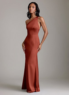 Azazie Voni Robes de demoiselle d'honneur Robe Sirène en Satin extensible Une épaule Terracotta image6