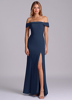 Azazie Luciana Bridesmaid Dresses Dark Navy Sheath Off the Shoulder Chiffon Convertible Dress image1