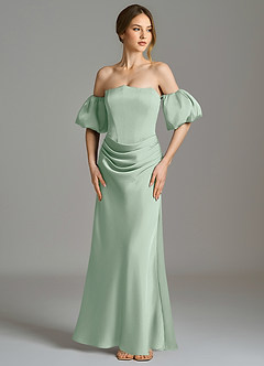 Azazie Kacey At-home Try On Dresses Agave Mermaid Off the Shoulder Stretch Satin Dress image4