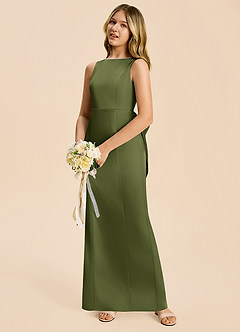 Azazie Emi Junior Olive Sheath Bow Stretch Satin Dress image2