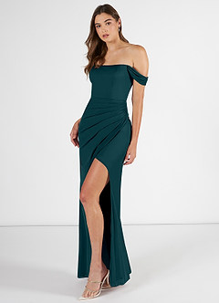 Azazie Kit Bridesmaid Dresses Pine Mermaid Off the Shoulder Mesh Dress image3