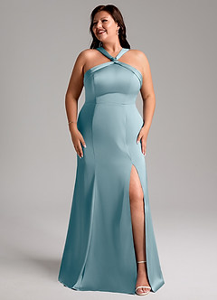 Azazie Rue Bridesmaid Dresses Moody Blue A-Line Pleated Stretch Satin Dress image10