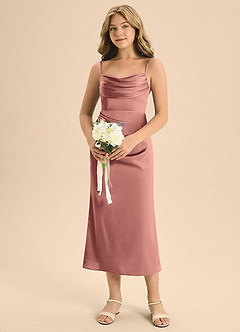 Azazie Mai Junior Osłona Pofałdowany Satyna elastyczna Długość herbaty Młodsza druhna Sukienka image4