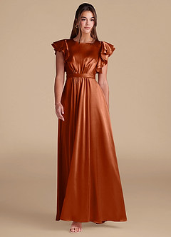 Azazie Daphne Modest Bridesmaid Dresses A-Line Ruched Metallic Satin Floor-Length Dress image3