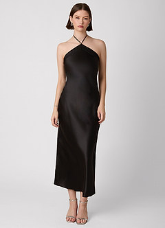 Cayley Black 100% Washable Silk Halter Lace Maxi Dress image1