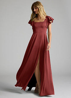 Azazie Bondi Robes de demoiselle d'honneur Robe Trapèze en Satin extensible Nœud Terracotta image6