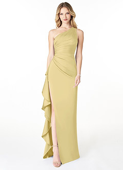 Azazie Latrice Bridesmaid Dresses Lemon Sorbet Sheath One Shoulder Cascading Ruffles Stretch Satin Dress image1