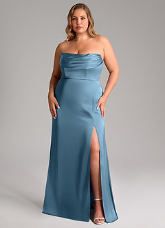 Azazie Saige Jurken voor bruidsmeisjes Jurk van Stretch Satijn met Kolom Off the Shoulder Staal Blauw image16