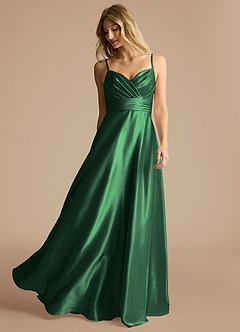 Azazie Oliana Bridesmaid Dresses Dark Green A-Line Pleated Metallic Satin Dress image2