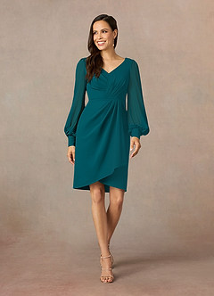 Azazie Karen Mère de la mariée Robes Robe Fourreau en Crêpe Élastique Plissée Paon image1
