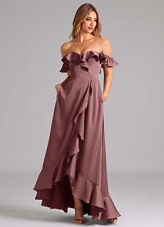 Azazie Lyra Bridesmaid Dresses Vintage Mauve A-Line Off the Shoulder Stretch Satin Convertible Dress image3