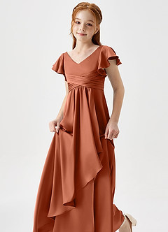 Azazie Omari Junior Cedar Rose A-Line Pleated Stretch Satin Dress image6