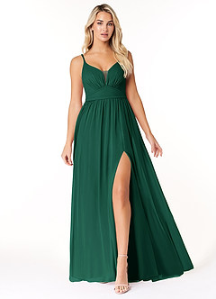 Azazie Rayna Bridesmaid Dresses Emerald A-Line V-Neck Pleated Chiffon Dress image1