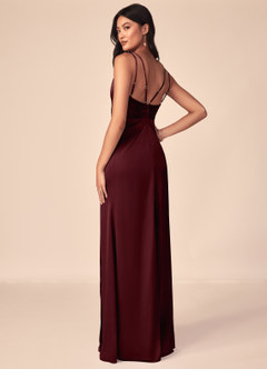 Azazie Aqua Bridesmaid Dresses Cabernet A-Line V-Neck Pleated Stretch Satin Dress image5
