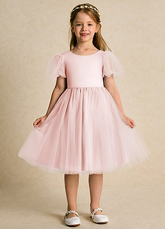 Azazie Duchess Flower Girl Dresses Blushing Pink A-Line with Sleeves Tulle Dress image4
