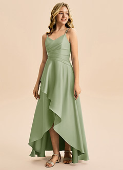 Azazie Eirlys Junior Abito A-Line in Raso Elasticizzato Plissettato Verde Salvia image5