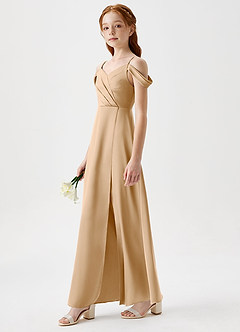 Azazie Ocean Junior Gold A-Line Off the Shoulder Stretch Satin Dress image3