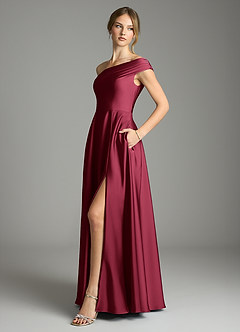 Azazie Melanie Bridesmaid Dresses Burgundy A-Line Off the Shoulder Stretch Satin Dress image4