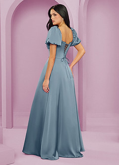 Barbie ♥ Azazie Robes de demoiselle d'honneur Robe Trapèze en Satin extensible Rayé Bleu Poussiéreux image2