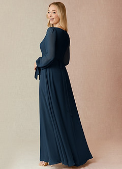 Azazie Leonia Robes de demoiselle d'honneur Robe Trapèze en Mousseline de soie Manches longues Bleu Marine Foncé image6