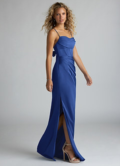 Azazie Mai Bridesmaid Dresses Royal Blue Sheath Pleated Stretch Satin Dress image4