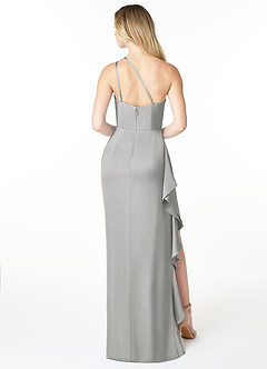 Azazie Latrice Bridesmaid Dresses Silver Sheath One Shoulder Cascading Ruffles Stretch Satin Dress image2
