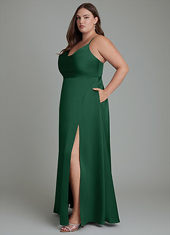 Azazie Sarella Vestidos de damas de honor Vestido Verde Oscuro de Satén Elástico de Línea A con Plisado image12
