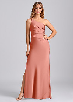 Azazie Marseli Bridesmaid Dresses Coral Mermaid One Shoulder Stretch Satin Dress image3
