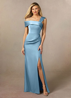 Azazie Laramie Mother of the Bride Dresses Steel Blue Mermaid Pleated Stretch Satin Dress image1