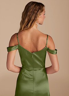 Azazie Ocean Brautjungfernkleider A-Linie Schulterfrei Metallischer Satin Kleid Olivgrün image5