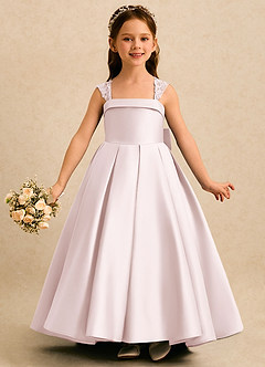 Azazie Genie Flower Girl Dresses Blushing Pink Ball-Gown Off the Shoulder Matte Satin Dress image3