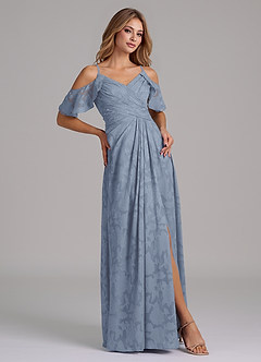 Azazie Dakota 신부 들러리 드레스 A라인 오프 더 숄더 플로럴 번아웃 바닥 길이 드레스 image5