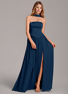 Azazie Cadence Bridesmaid Dresses Dark Navy A-Line Corset Stretch Satin Convertible Dress image3
