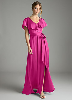 Azazie Lainey Vestidos de damas de honor Vestido de Fucsia de Satén Elástico de Corte en A con Con bolsillos image1