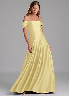 Azazie Seriana Bridesmaid Dresses Lemon Sorbet A-Line Off the Shoulder Stretch Satin Convertible Dress image4
